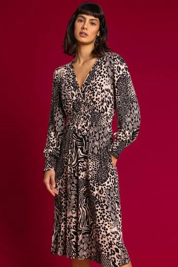 Roman Camel Animal Print Wrap Midi Dress 8 Roman Camel Animal Print Wrap Midi Dress - Image 6