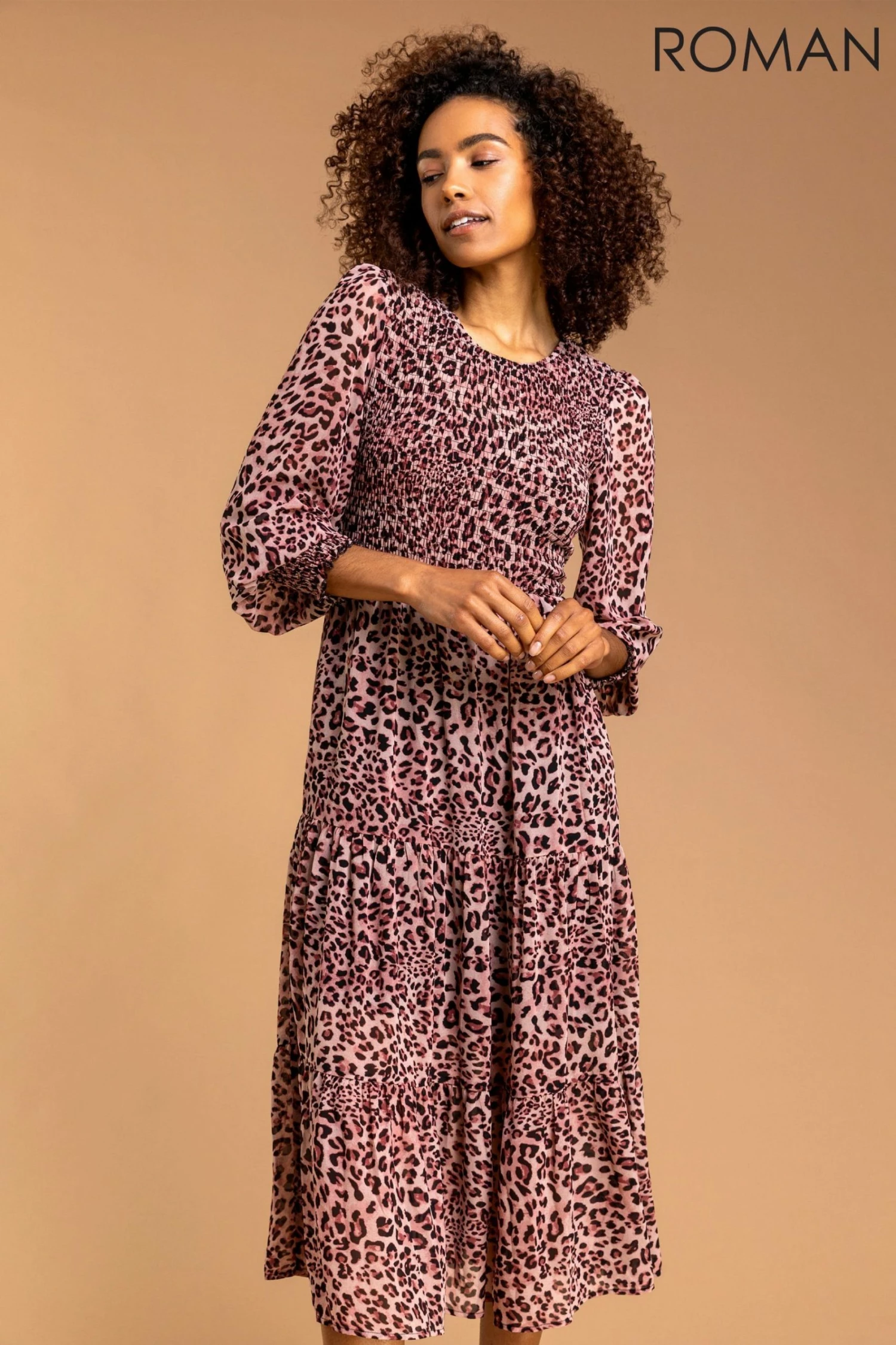 Roman Pink Animal Print Shirred Tier Dress 3 Roman Pink Animal Print Shirred Tier Dress