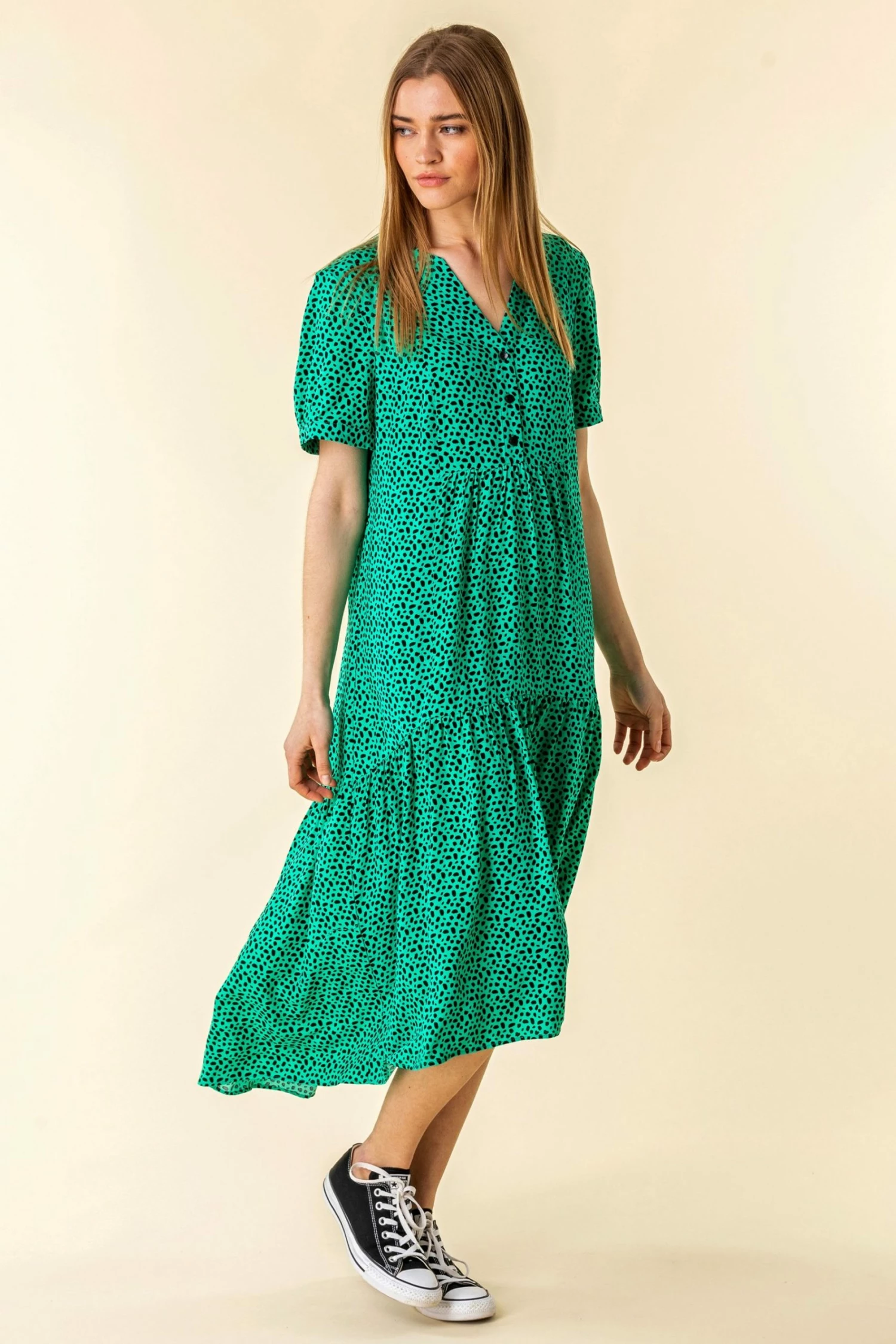 Roman Green Spot Print Tiered Midi Dress 3 Roman Green Spot Print Tiered Midi Dress