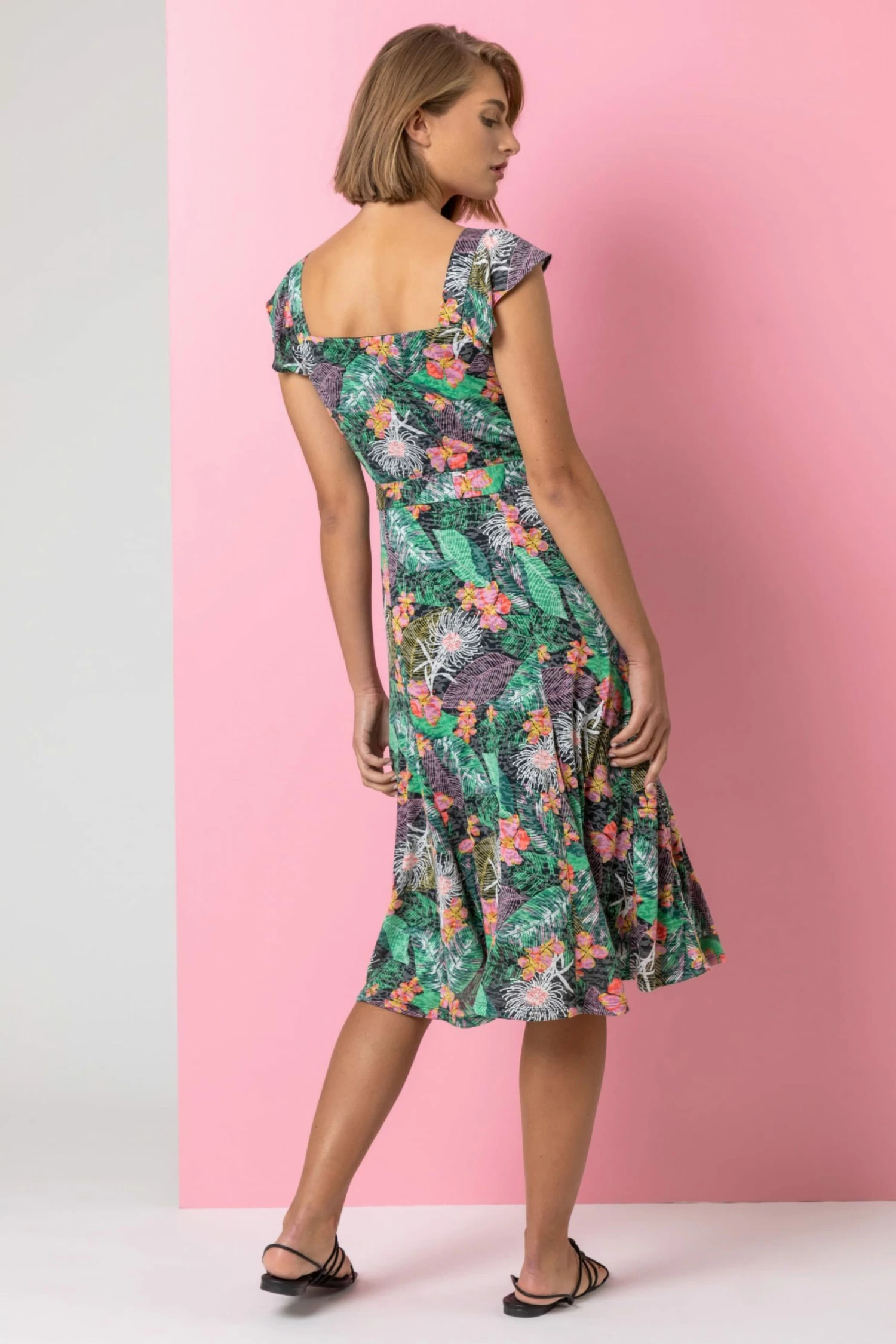 Roman Black Tropical Floral Burnout Tie Waist Dress 5 Roman Black Tropical Floral Burnout Tie Waist Dress - Image 3