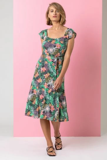 Roman Black Tropical Floral Burnout Tie Waist Dress 7 Roman Black Tropical Floral Burnout Tie Waist Dress - Image 5