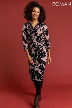 Roman Pink Floral Knitted Cowl Neck Dress