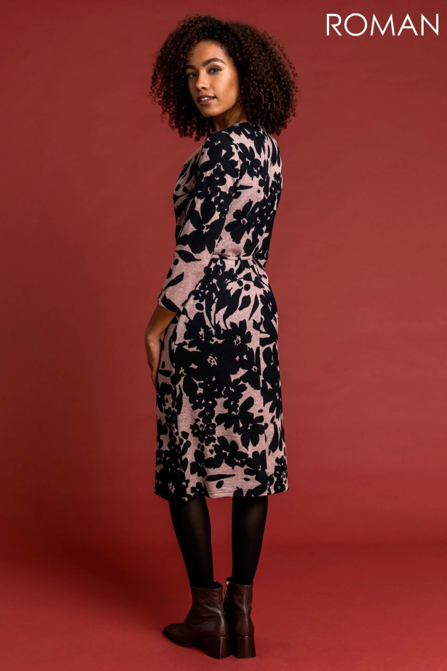 Roman Pink Floral Knitted Cowl Neck Dress 4 Roman Pink Floral Knitted Cowl Neck Dress - Image 2