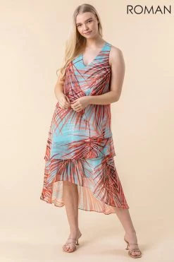 Roman Multi Layered Chiffon Tropical Print Dress