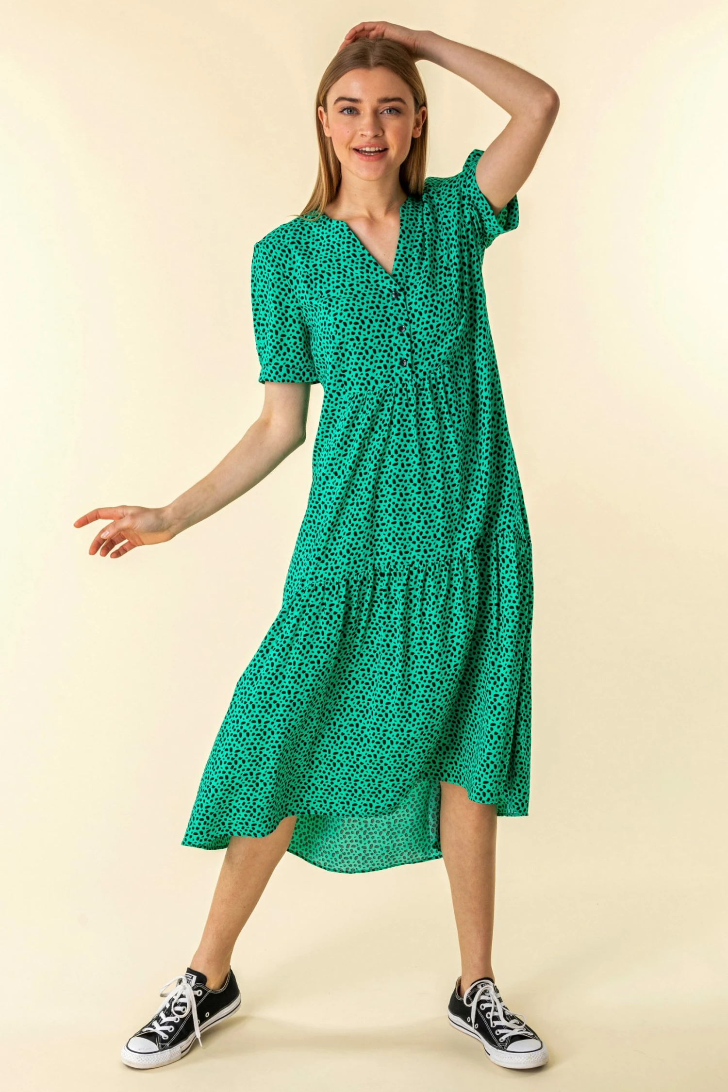 Roman Green Spot Print Tiered Midi Dress 5 Roman Green Spot Print Tiered Midi Dress - Image 3