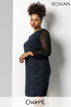 Roman Blue Curve Glitter Animal Mesh Sleeve Dress