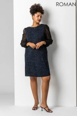Roman Blue Curve Glitter Animal Mesh Sleeve Dress -Roman Sales Shop unnamed file 4105