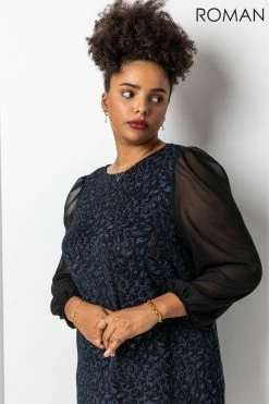Roman Blue Curve Glitter Animal Mesh Sleeve Dress -Roman Sales Shop unnamed file 4106
