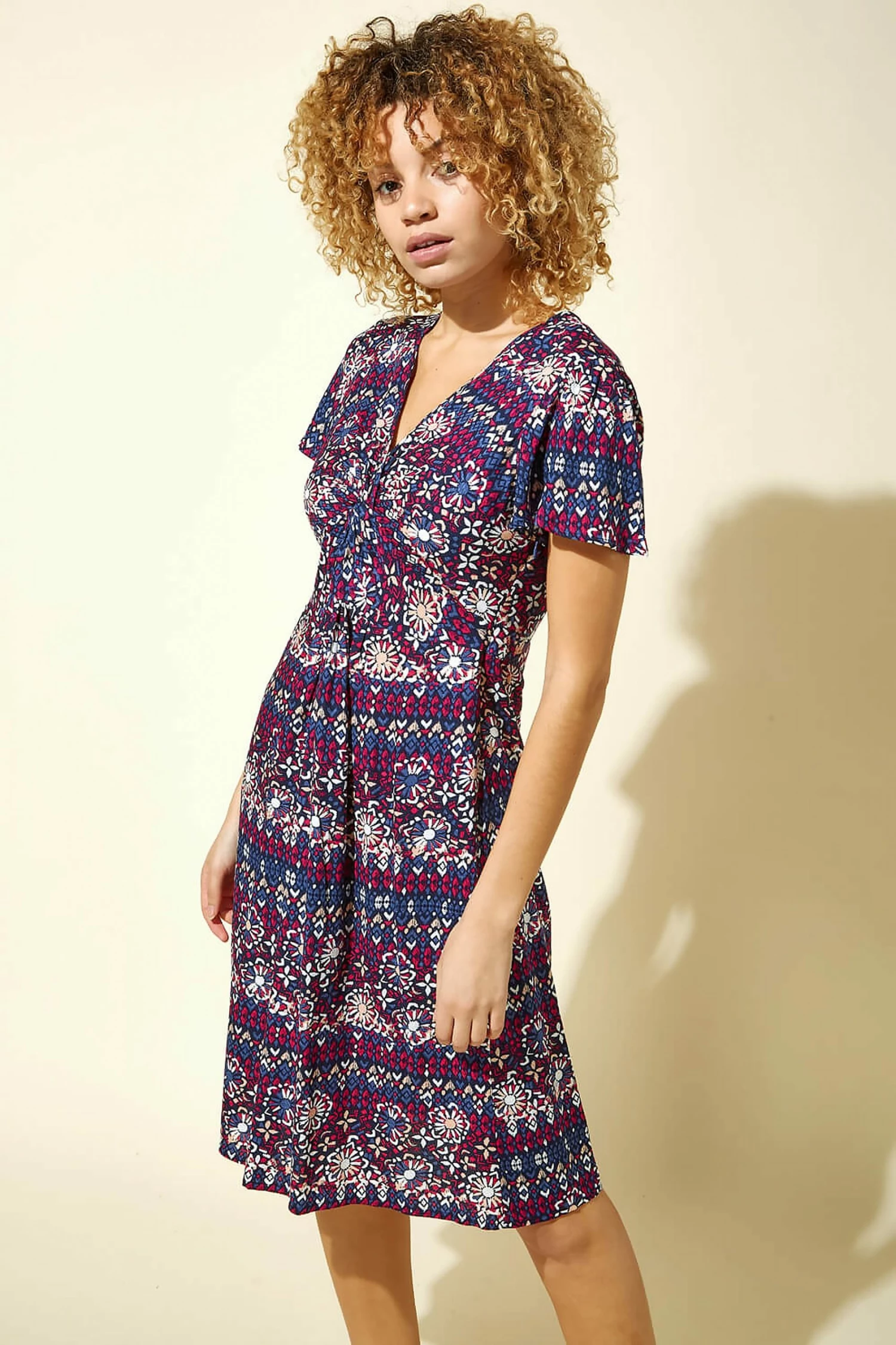 Roman Blue Twist Front Tile Print Tea Dress 3 Roman Blue Twist Front Tile Print Tea Dress
