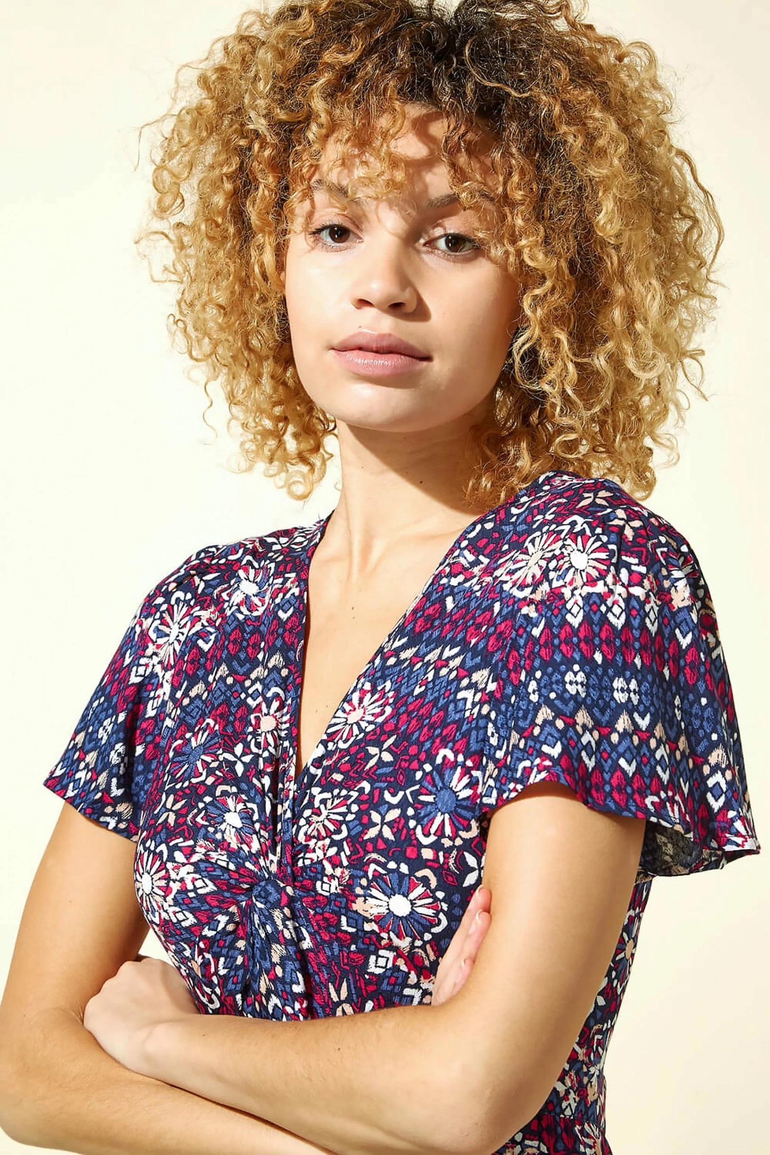 Roman Blue Twist Front Tile Print Tea Dress 6 Roman Blue Twist Front Tile Print Tea Dress - Image 4