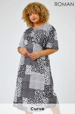 Roman Black & Grey Curve Abstract Spot Print Midi Dress