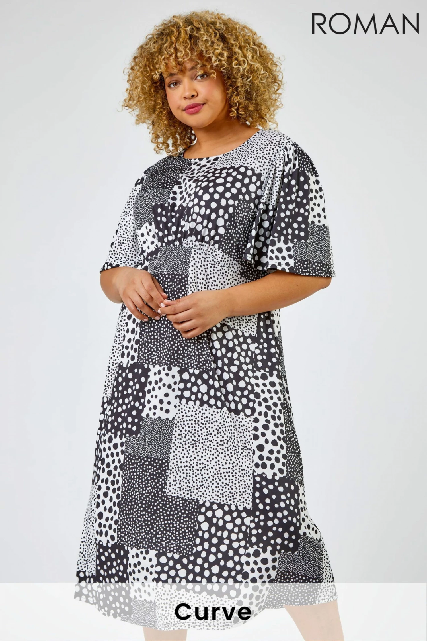 Roman Black & Grey Curve Abstract Spot Print Midi Dress 3 Roman Black & Grey Curve Abstract Spot Print Midi Dress
