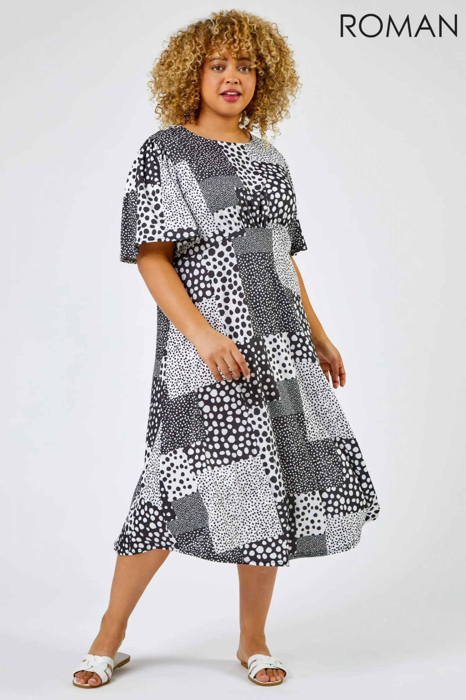 Roman Black & Grey Curve Abstract Spot Print Midi Dress 5 Roman Black & Grey Curve Abstract Spot Print Midi Dress - Image 3