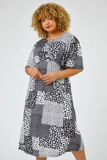 Roman Black & Grey Curve Abstract Spot Print Midi Dress 7 Roman Black & Grey Curve Abstract Spot Print Midi Dress - Image 5
