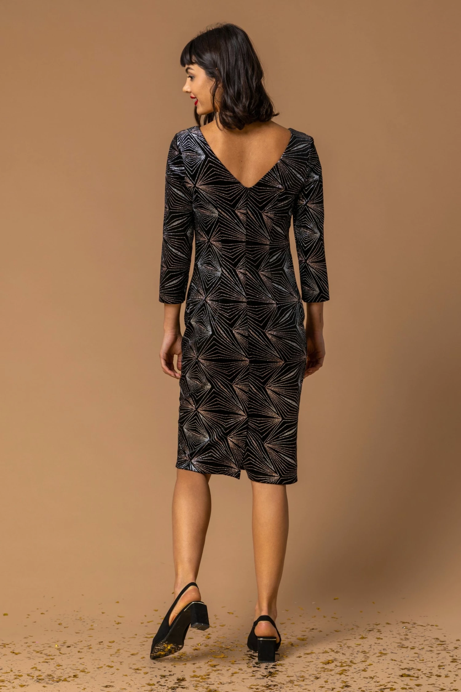 Roman Brown Glitter 3/4 Sleeve Velvet Dress 4 Roman Brown Glitter 3/4 Sleeve Velvet Dress - Image 2