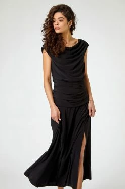 Roman Black Cowl Neck Ruched Maxi Dress