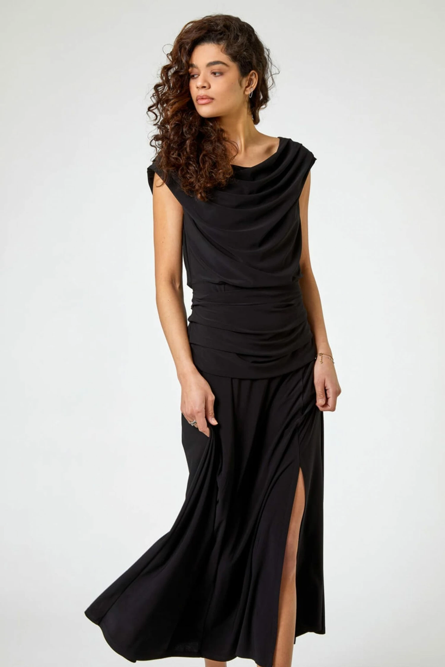Roman Black Cowl Neck Ruched Maxi Dress 3 Roman Black Cowl Neck Ruched Maxi Dress