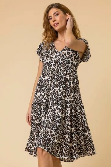Roman Brown Tiered Animal Print V-Neck Dress 7 Roman Brown Tiered Animal Print V-Neck Dress - Image 5