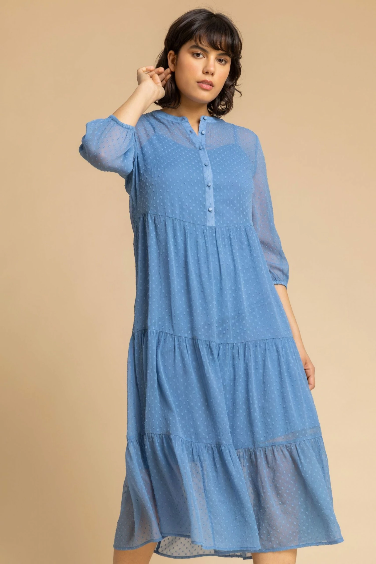 Roman Blue Textured Spot Print Tiered Midi Dress 3 Roman Blue Textured Spot Print Tiered Midi Dress