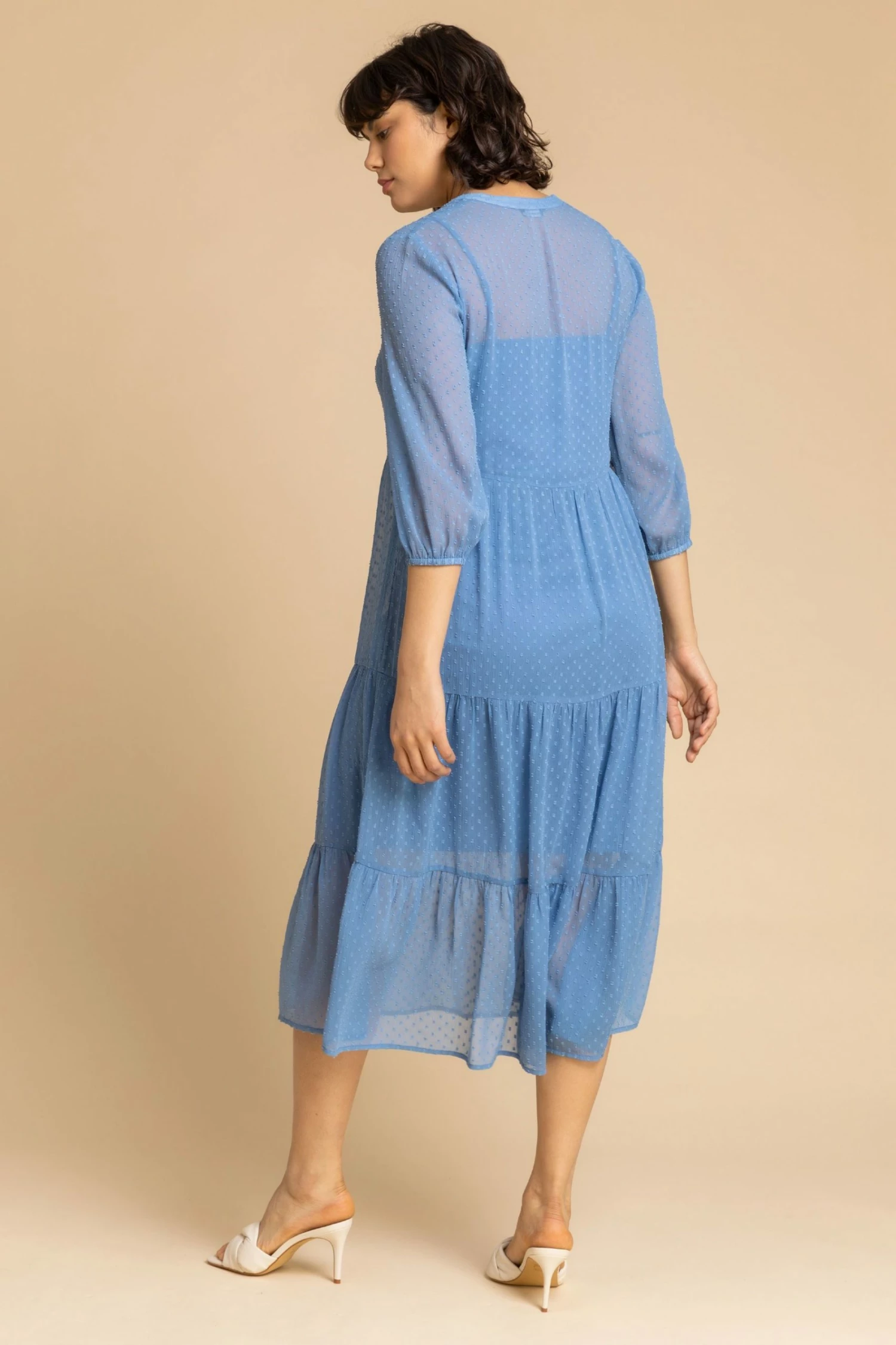 Roman Blue Textured Spot Print Tiered Midi Dress 4 Roman Blue Textured Spot Print Tiered Midi Dress - Image 2