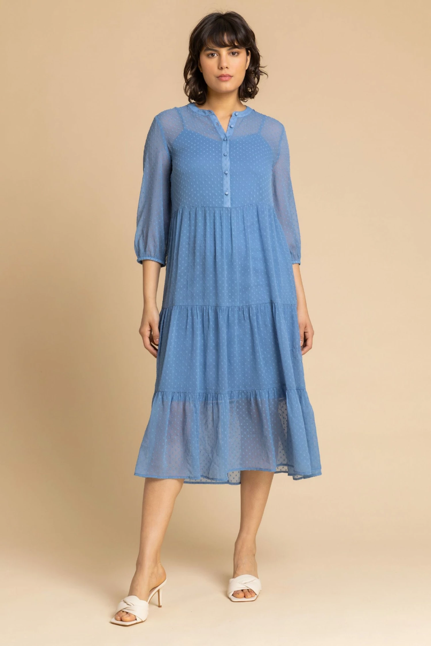 Roman Blue Textured Spot Print Tiered Midi Dress 5 Roman Blue Textured Spot Print Tiered Midi Dress - Image 3