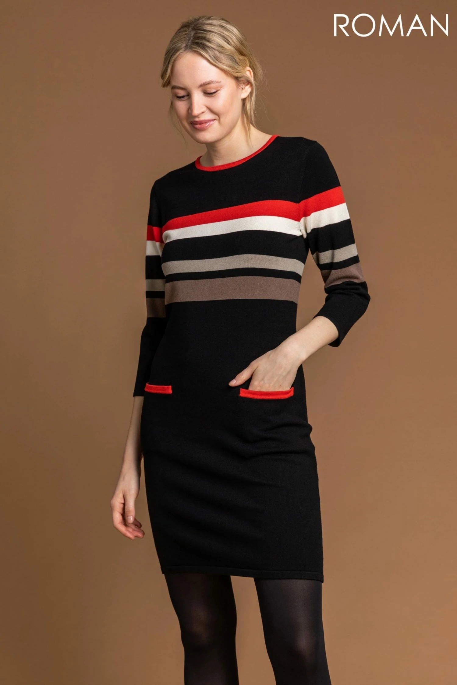 Roman Black Contrast Stripe Print Jumper Dress 3 Roman Black Contrast Stripe Print Jumper Dress