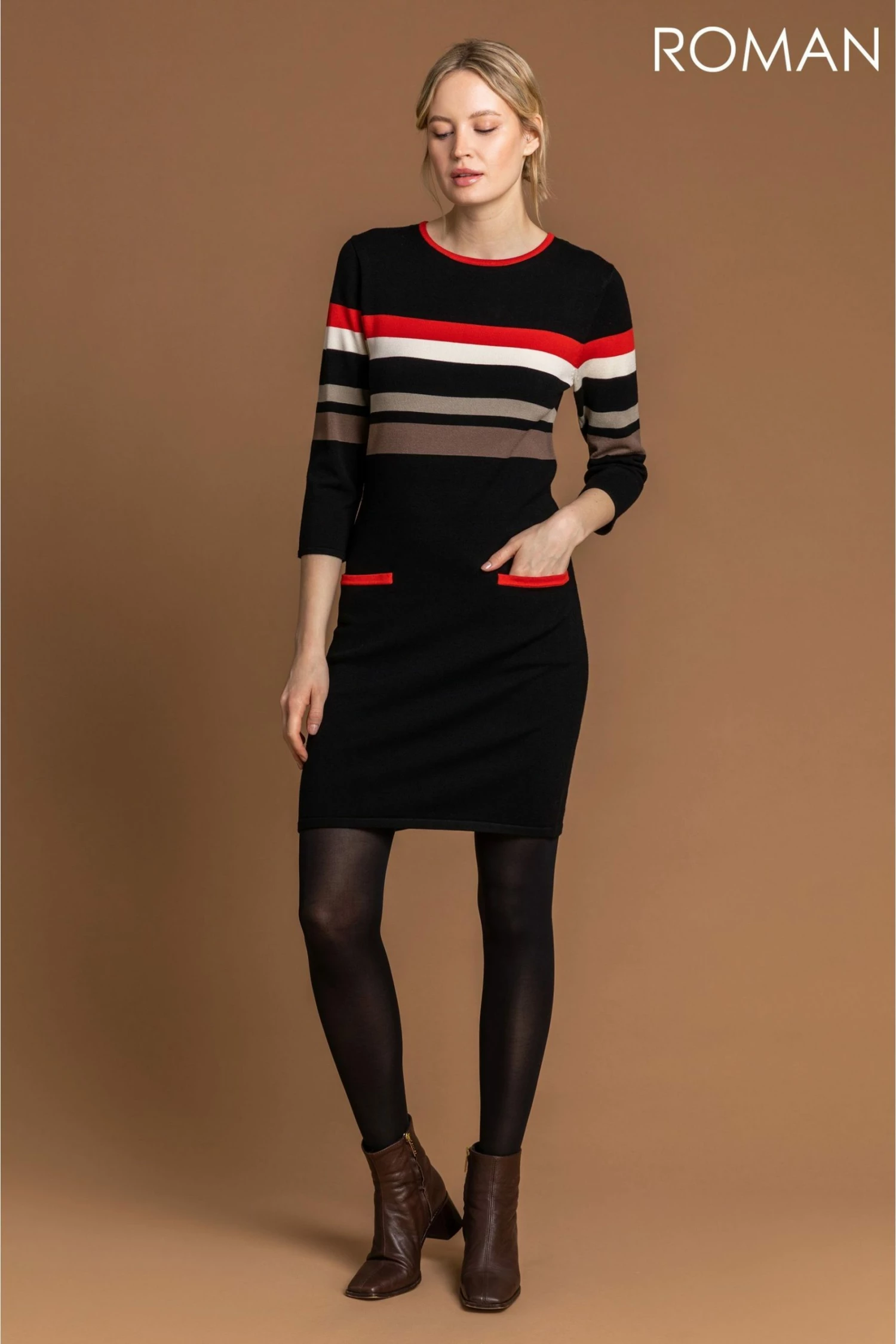 Roman Black Contrast Stripe Print Jumper Dress 5 Roman Black Contrast Stripe Print Jumper Dress - Image 3