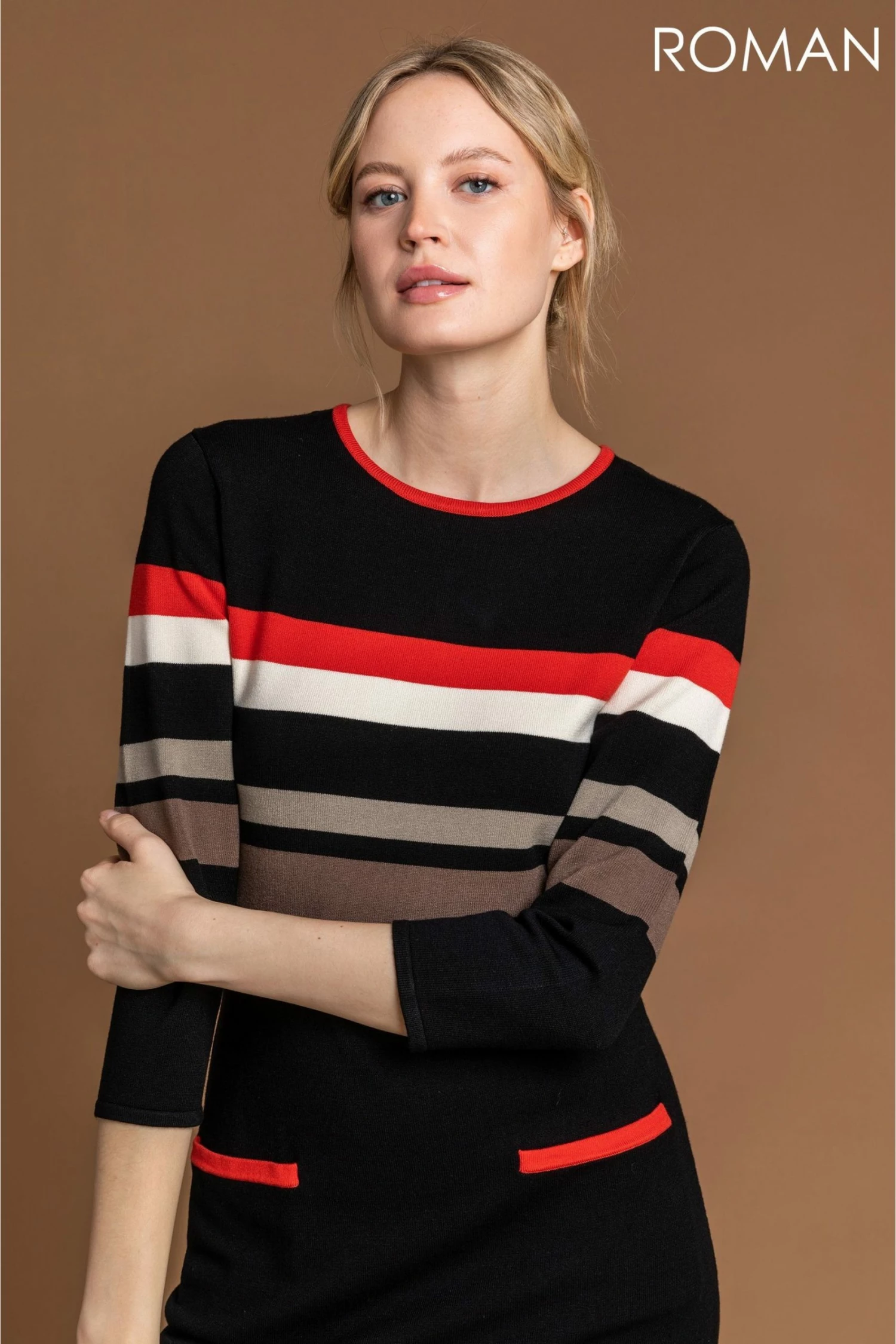 Roman Black Contrast Stripe Print Jumper Dress 6 Roman Black Contrast Stripe Print Jumper Dress - Image 4