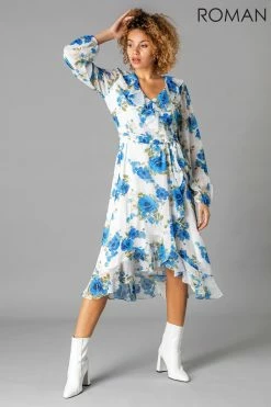 Roman White Floral Frill Midi Dress
