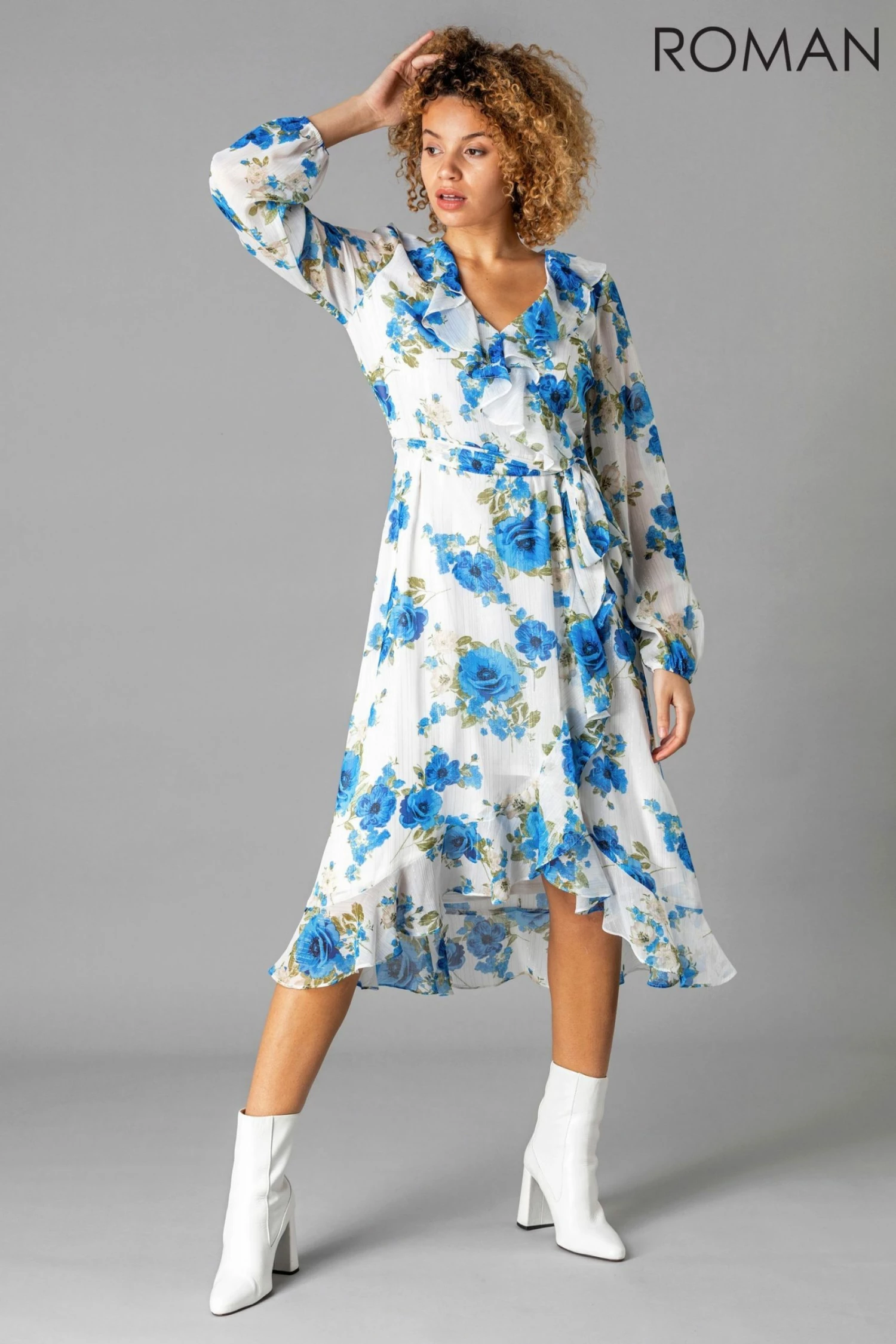 Roman White Floral Frill Midi Dress 3 Roman White Floral Frill Midi Dress