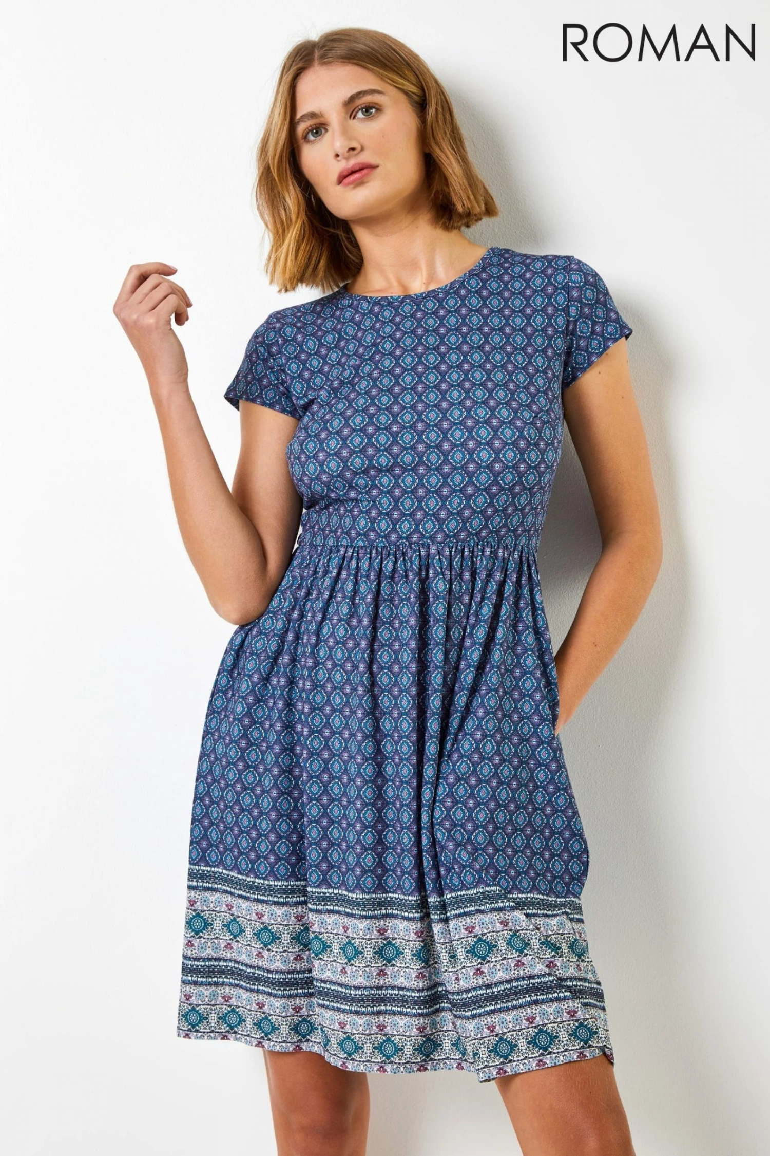 Roman Blue Geo Print Border Fit & Flare Dress 3 Roman Blue Geo Print Border Fit & Flare Dress