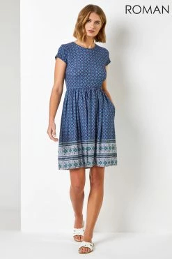 Roman Blue Geo Print Border Fit & Flare Dress 8 Roman Blue Geo Print Border Fit & Flare Dress -Roman Sales Shop unnamed file 4179
