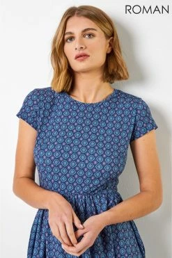 Roman Blue Geo Print Border Fit & Flare Dress 10 Roman Blue Geo Print Border Fit & Flare Dress -Roman Sales Shop unnamed file 4181
