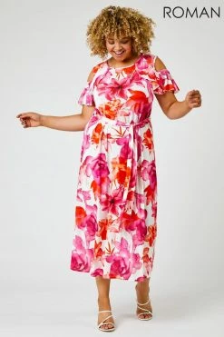 Roman Pink Curve Floral Print Cold Shoulder Maxi Dress -Roman Sales Shop unnamed file 4185