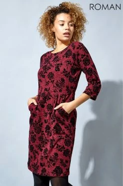Roman Red Floral Flocked Pocket Detail Shift Dress