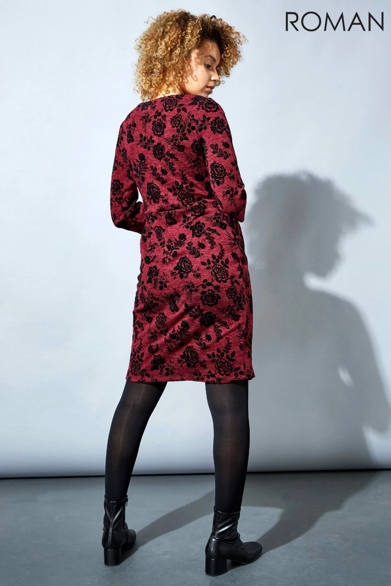 Roman Red Floral Flocked Pocket Detail Shift Dress 4 Roman Red Floral Flocked Pocket Detail Shift Dress - Image 2