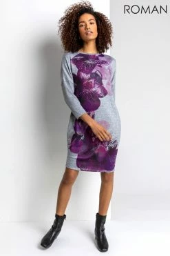 Roman Purple Floral Print Embellished Slouch Dress