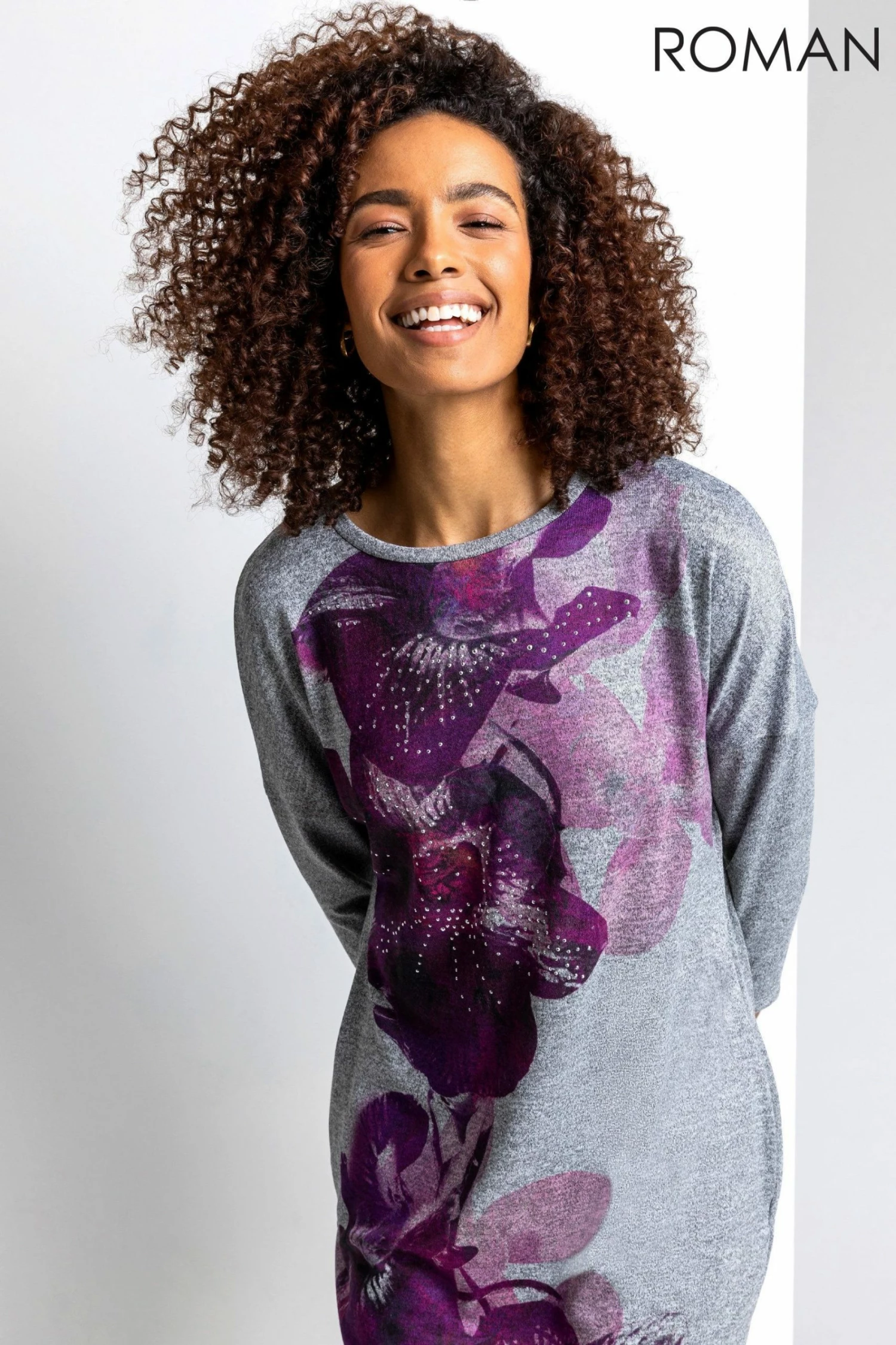 Roman Purple Floral Print Embellished Slouch Dress 5 Roman Purple Floral Print Embellished Slouch Dress - Image 3