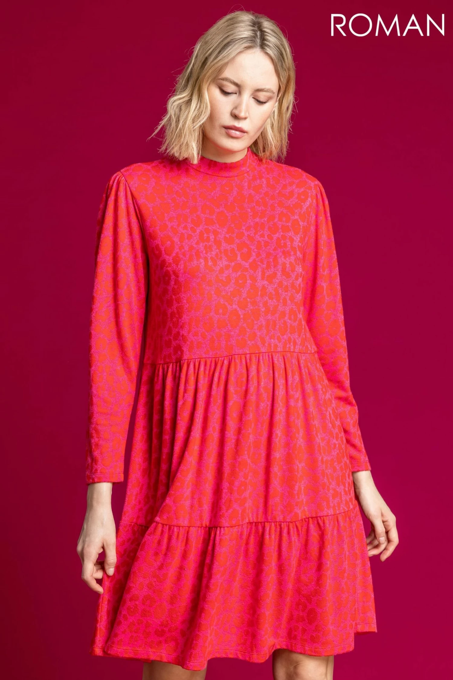 Roman Pink Jacquard Animal Print Tiered Dress 3 Roman Pink Jacquard Animal Print Tiered Dress