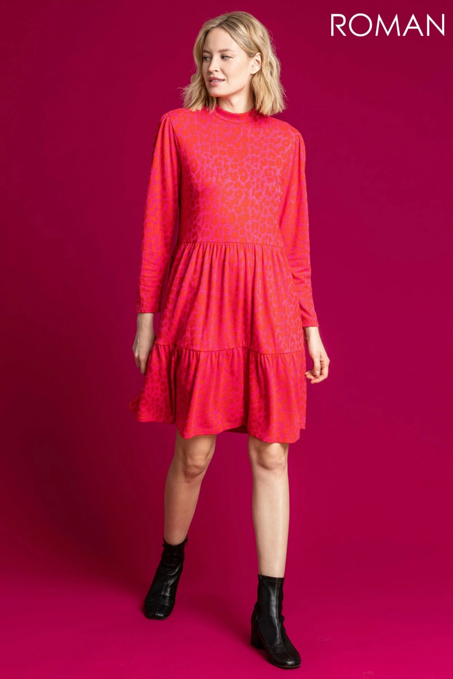 Roman Pink Jacquard Animal Print Tiered Dress 5 Roman Pink Jacquard Animal Print Tiered Dress - Image 3