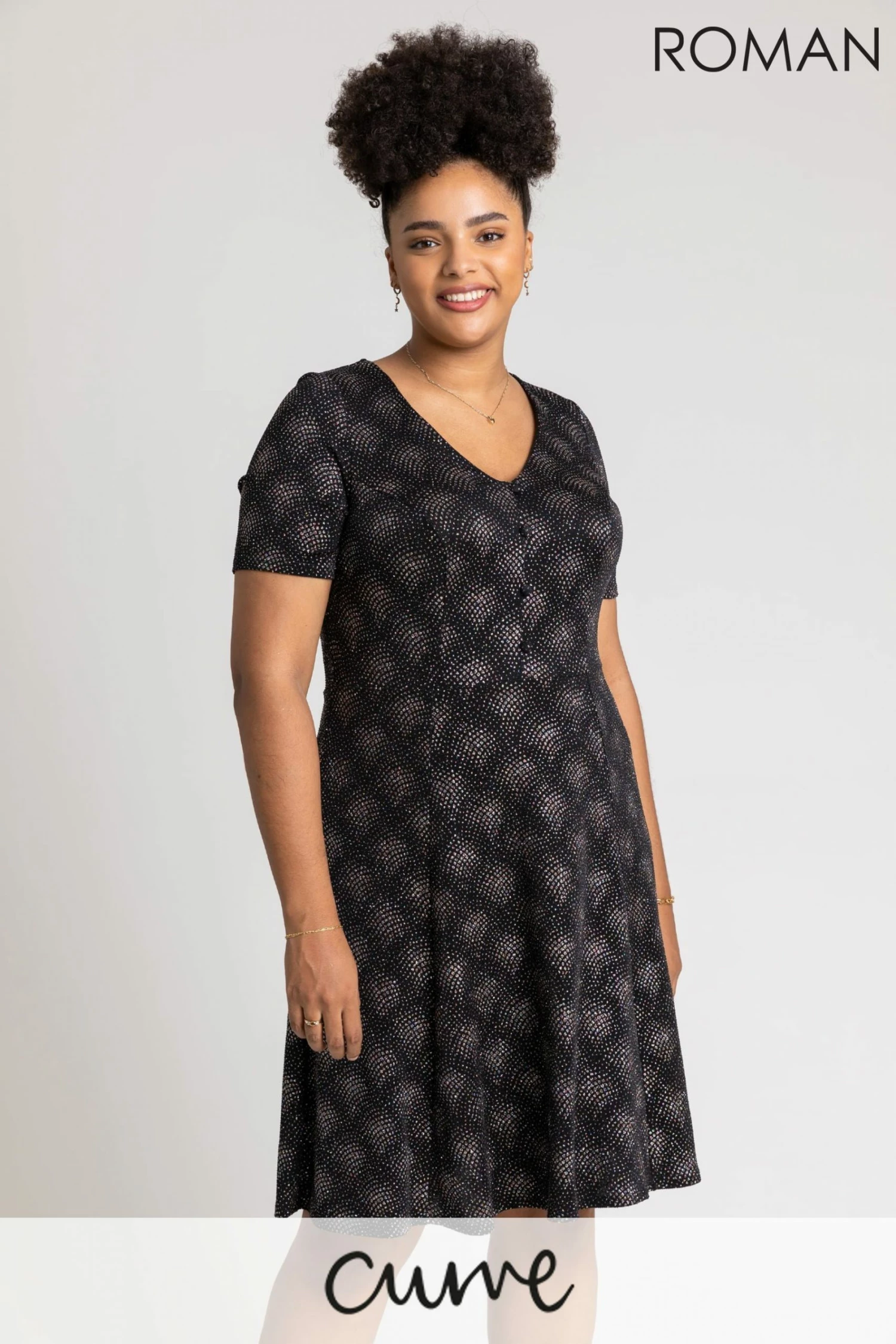 Roman Pink Curve Glitter Print Fit & Flare Dress 3 Roman Pink Curve Glitter Print Fit & Flare Dress