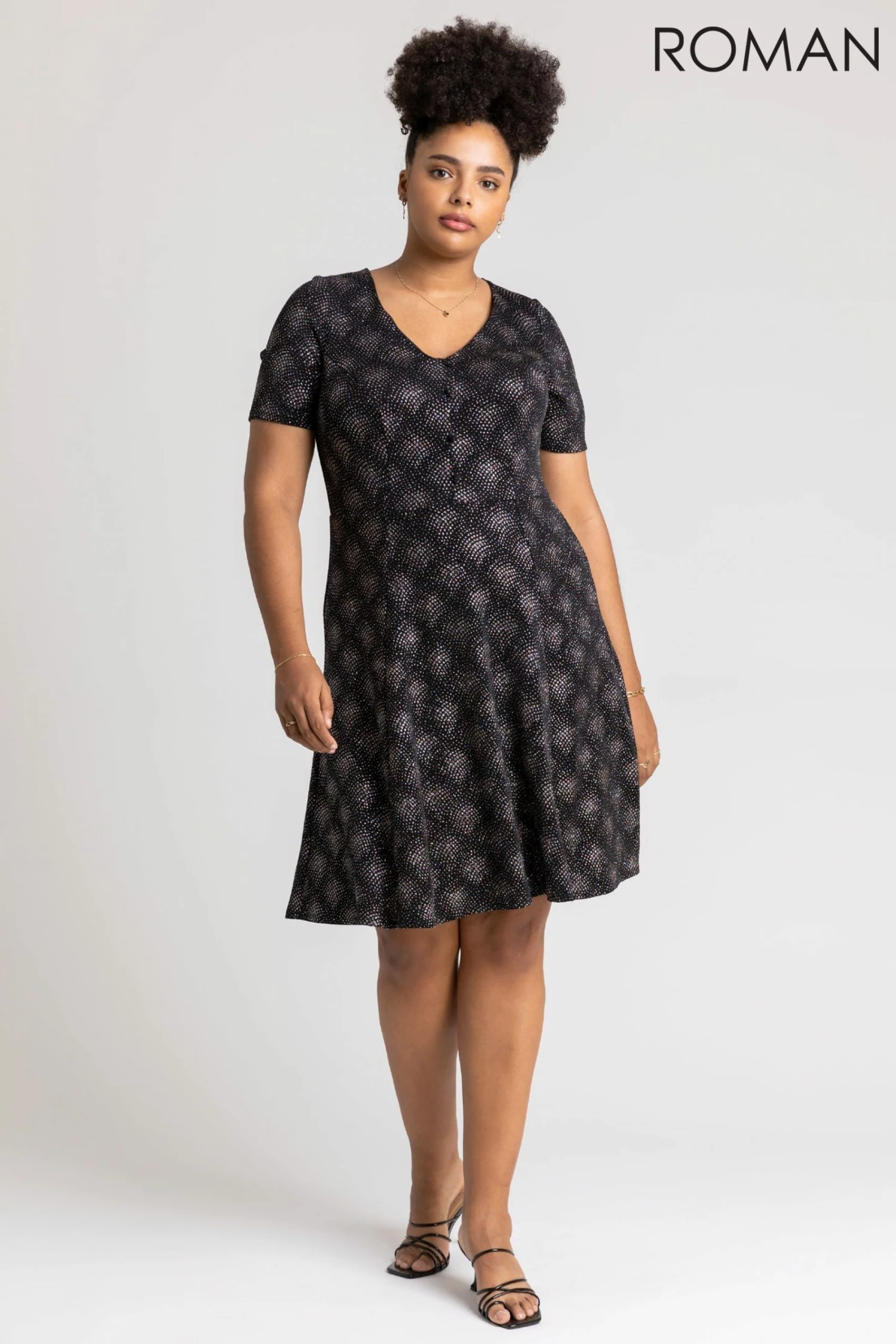 Roman Pink Curve Glitter Print Fit & Flare Dress 5 Roman Pink Curve Glitter Print Fit & Flare Dress - Image 3