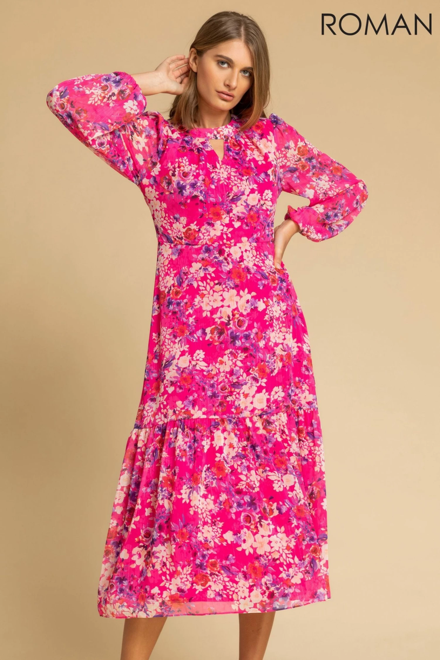 Roman Pink Floral Print Tiered Keyhole Midi Dress 3 Roman Pink Floral Print Tiered Keyhole Midi Dress