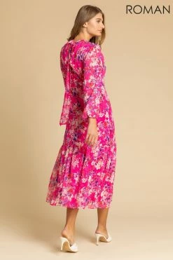 Roman Pink Floral Print Tiered Keyhole Midi Dress 8 Roman Pink Floral Print Tiered Keyhole Midi Dress -Roman Sales Shop unnamed file 4238