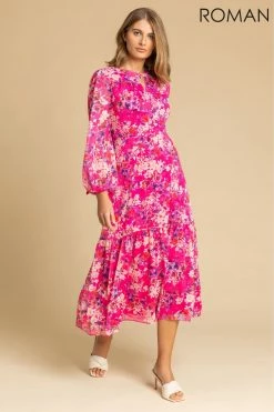 Roman Pink Floral Print Tiered Keyhole Midi Dress 9 Roman Pink Floral Print Tiered Keyhole Midi Dress -Roman Sales Shop unnamed file 4239