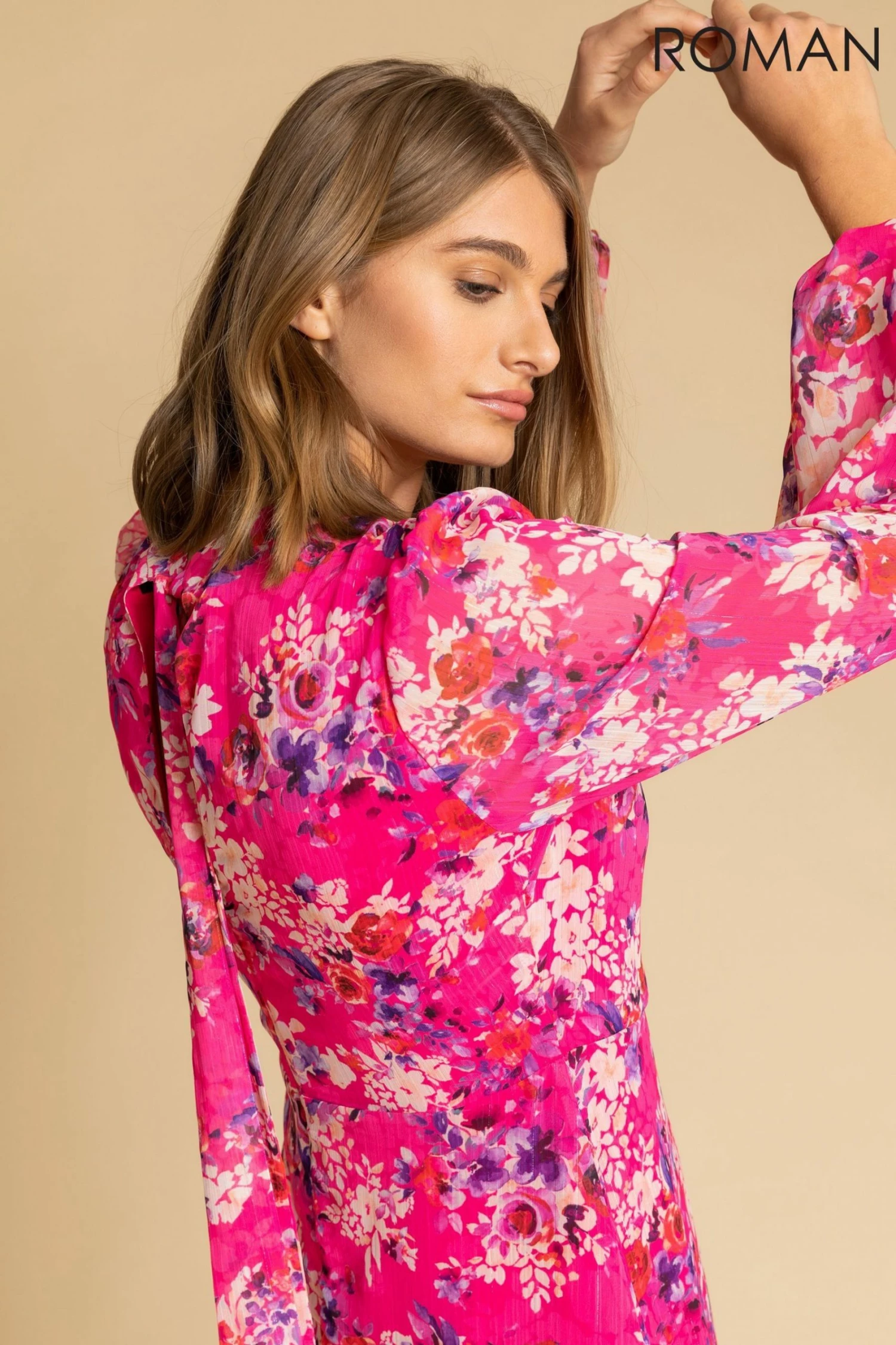 Roman Pink Floral Print Tiered Keyhole Midi Dress 6 Roman Pink Floral Print Tiered Keyhole Midi Dress - Image 4