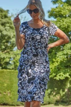 Roman Black Monochrome Print Frill Tiered Dress