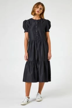 Roman Black Denim Puff Sleeve Tiered Midi Dress -Roman Sales Shop unnamed file 425
