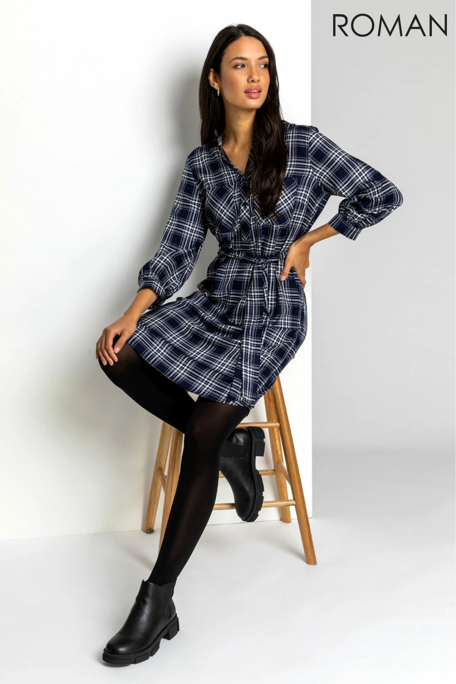 Roman Blue Check Print Shirt Dress 6 Roman Blue Check Print Shirt Dress - Image 4