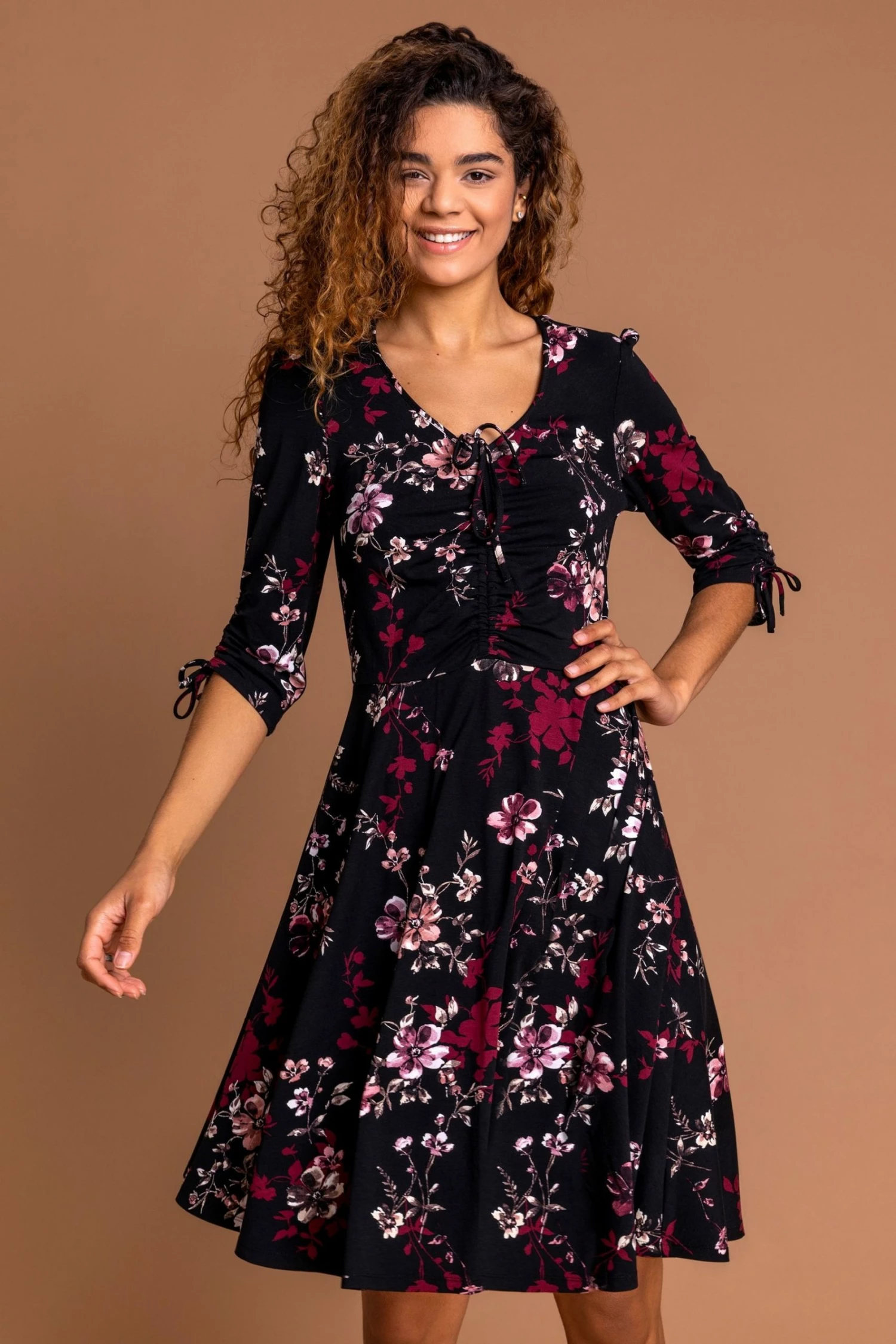 Roman Red Floral Print Gathered Dress 3 Roman Red Floral Print Gathered Dress